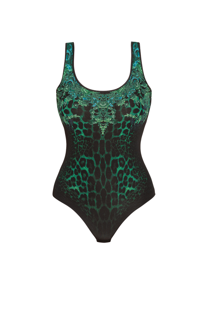 MESH BODYSUIT WITH DEEP SCOOP NECKLINE AND MODAL LINING - LEO NEON GREEN JIORO БОДИ ОТ МРЕЖА БЕЗ РЪКАВИ С ДЪЛБОКО ОБЛО ДЕКОЛТЕ И ПОДПЛАТА ОТ МЕК МОДАЛ - LEO NEON GREEN JIORO