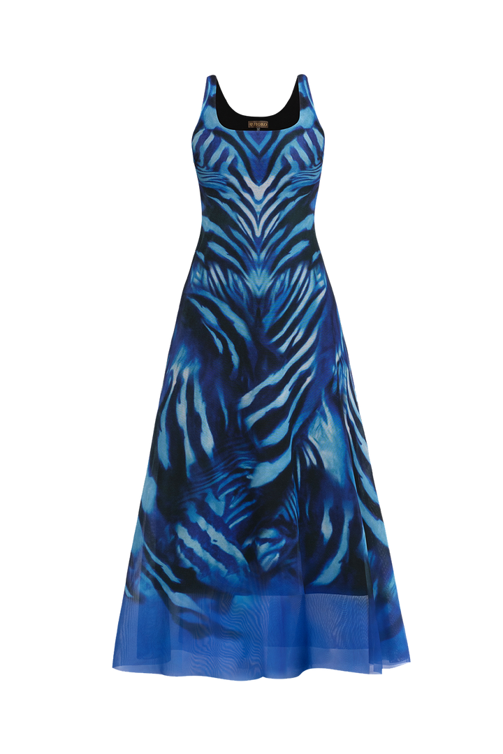 SLEEVELESS LONG MESH DRESS WITH SOFT MODAL LINING - SHADES OF BLUE JIORO ДЪЛГА РОКЛЯ ОТ МРЕЖА БЕЗ РЪКАВИ С ПОДПЛАТА ОТ МОДАЛ - SHADES OF BLUE JIORO