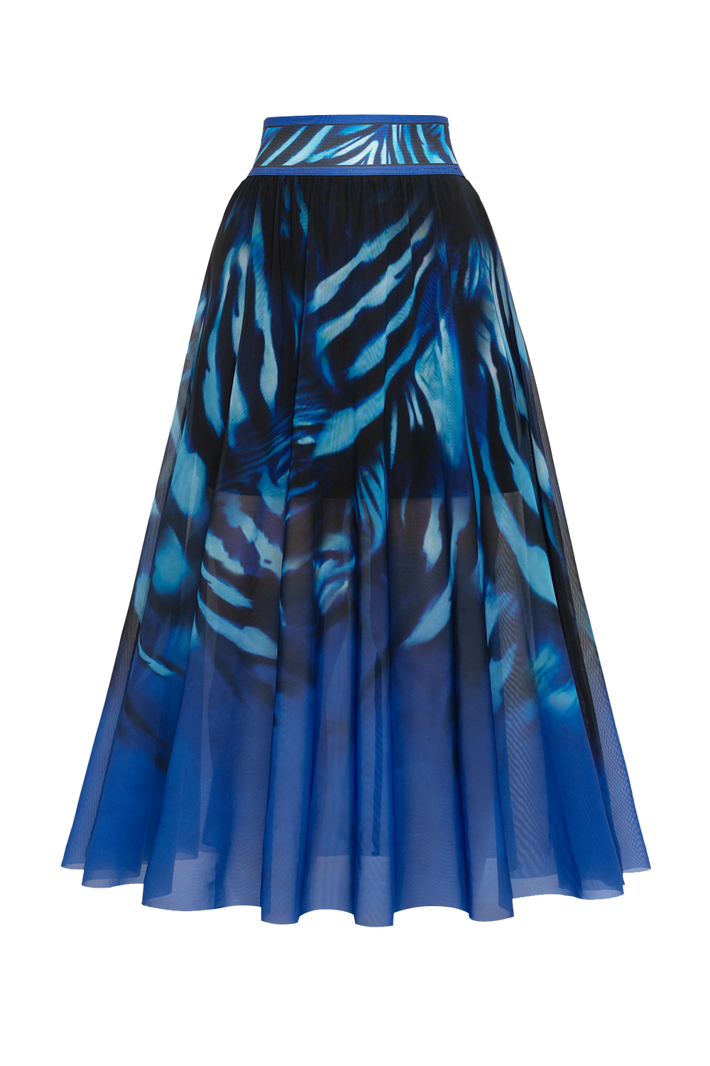 FLARED MESH SKIRT WITH MODAL LINING - SHADES OF BLUE JIORO ДЪЛГА ПОЛА ОТ МРЕЖА С ПОДПЛАТА ОТ МОДАЛ - SHADES OF BLUE JIORO 
