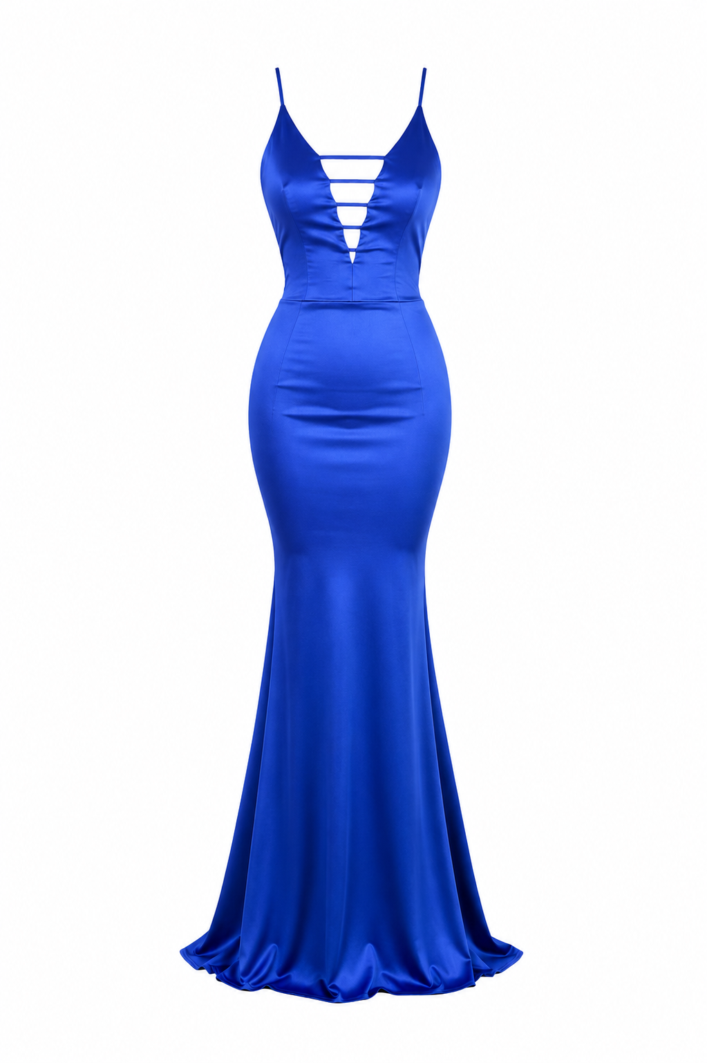 LONG BLUE DRESS WITH DEEP V-NECK AND OPEN BACK – ESSENTIALS
