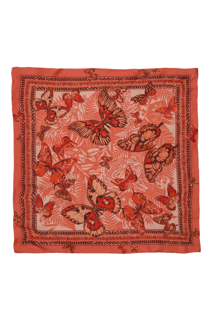 SQUARE VISCOSE HEADSCARF - PAPAYA BUTTERFLIES JIORO КВАДРАТНА КЪРПА ЗА ГЛАВА ОТ ВИСКОЗА - PAPAYA BUTTERFLIES JIORO