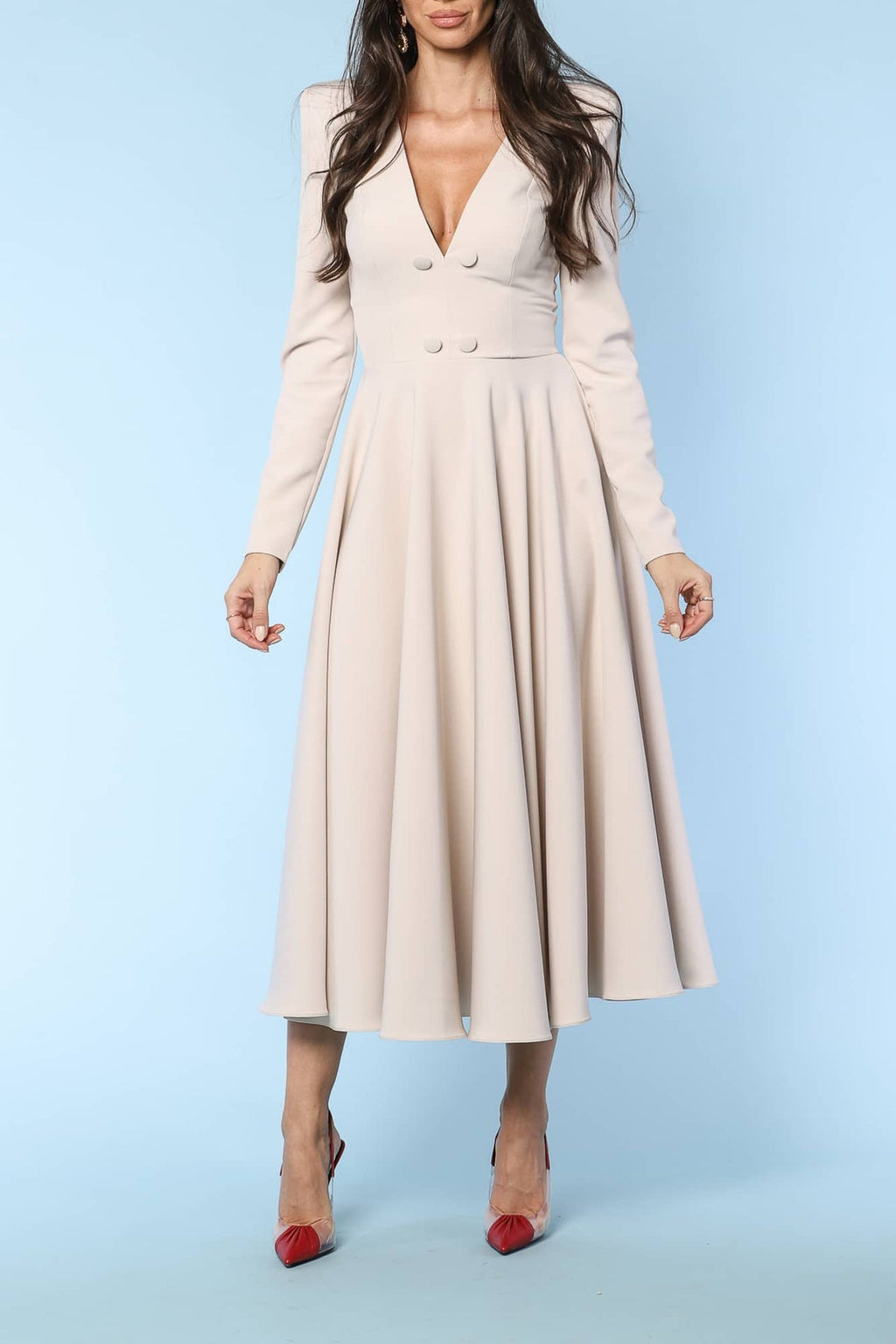 YVN MOVIE STAR A-LINE BUTTONS DETAILS MIDI DRESS