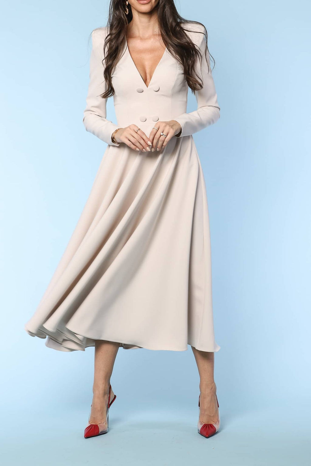 YVN MOVIE STAR A-LINE BUTTONS DETAILS MIDI DRESS