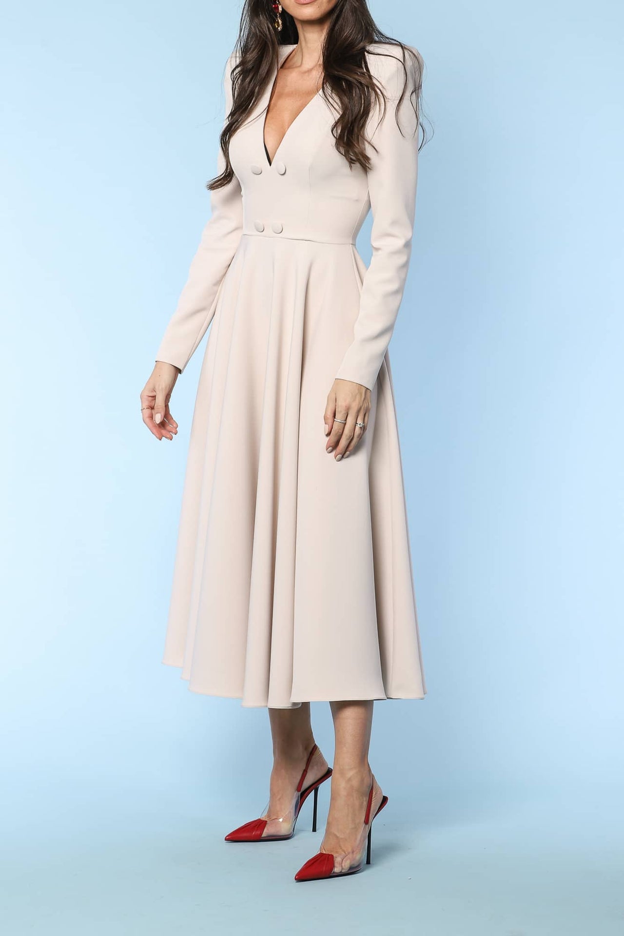 YVN MOVIE STAR A-LINE BUTTONS DETAILS MIDI DRESS