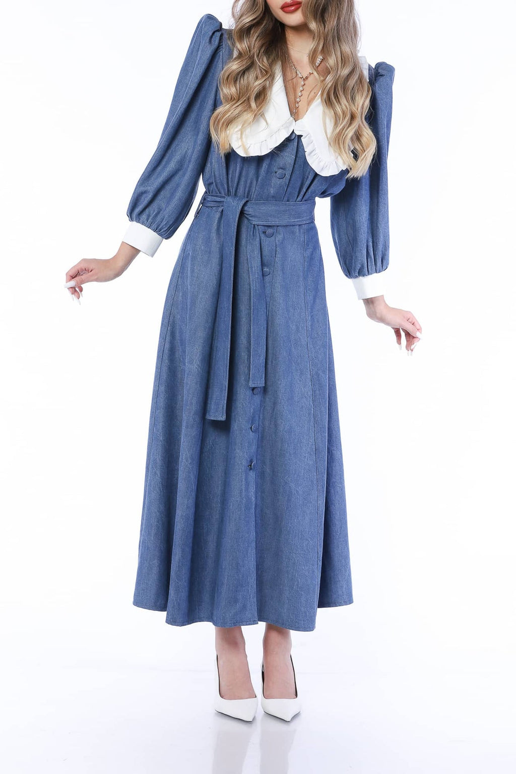YVN MINI DRESS VIVID DENIM WITH VICTORIAN COLLAR
