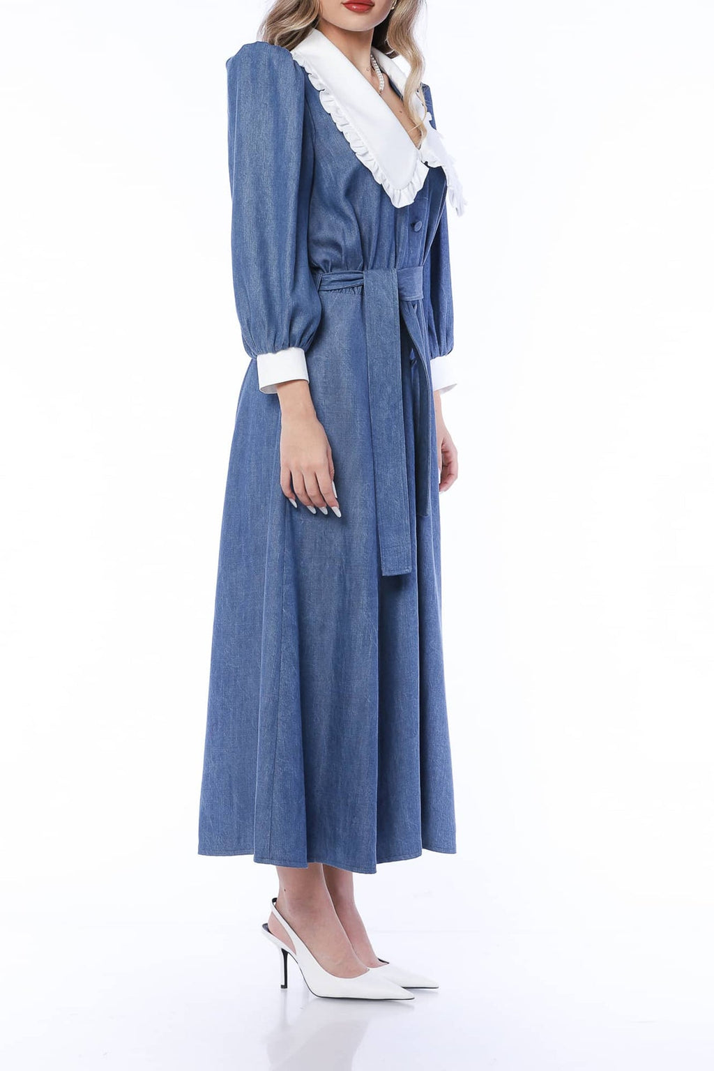 YVN MINI DRESS VIVID DENIM WITH VICTORIAN COLLAR