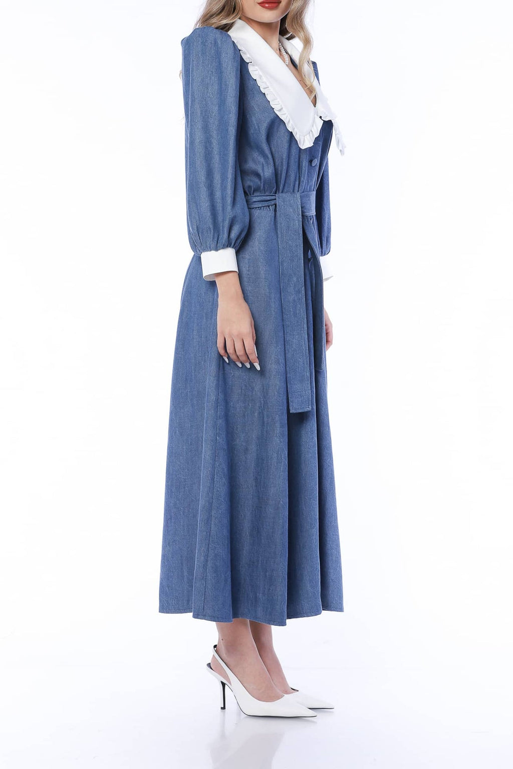 YVN MINI DRESS VIVID DENIM WITH VICTORIAN COLLAR