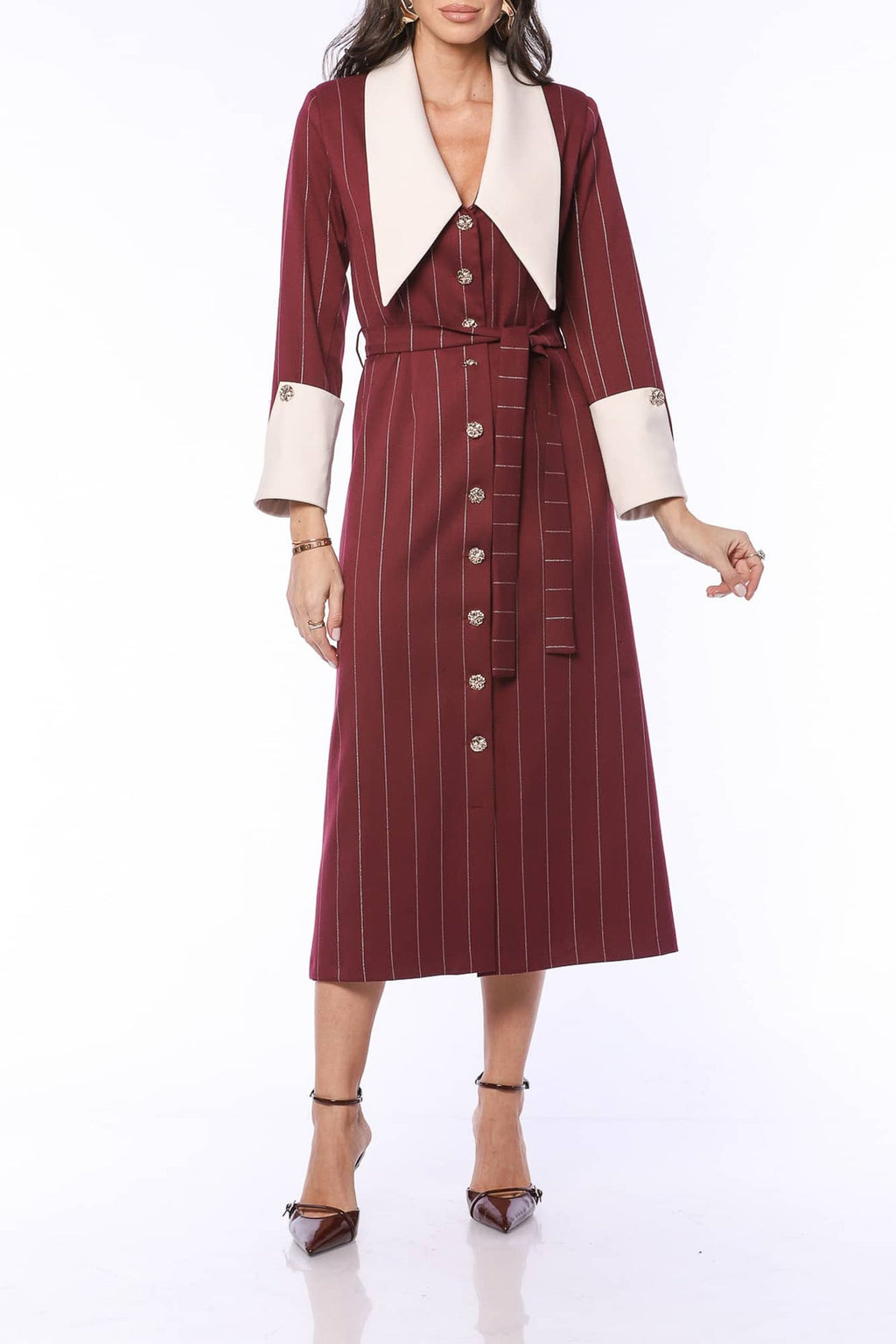 YVN Vintage Charm Pointed Collar Midi Dress