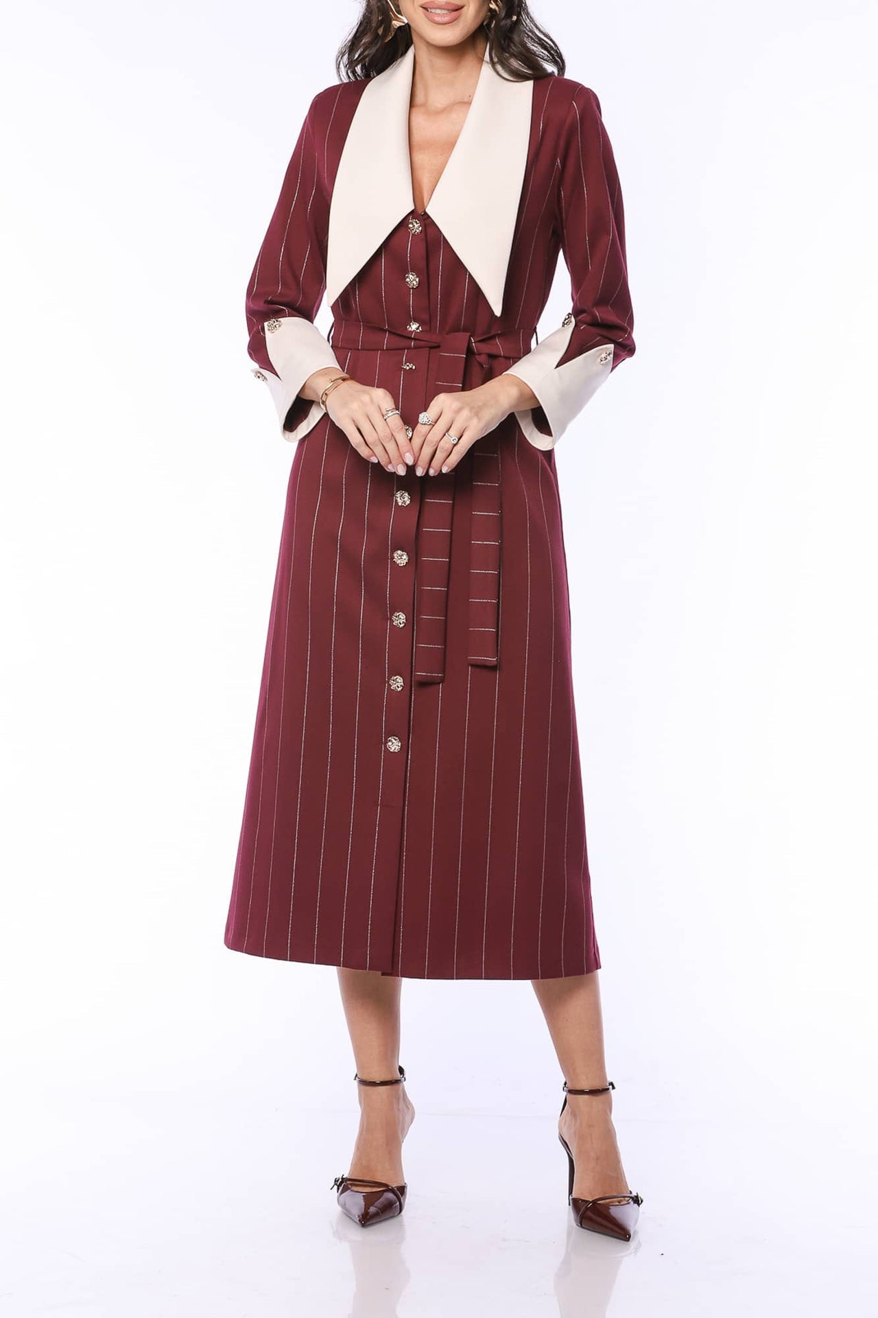 YVN Vintage Charm Pointed Collar Midi Dress