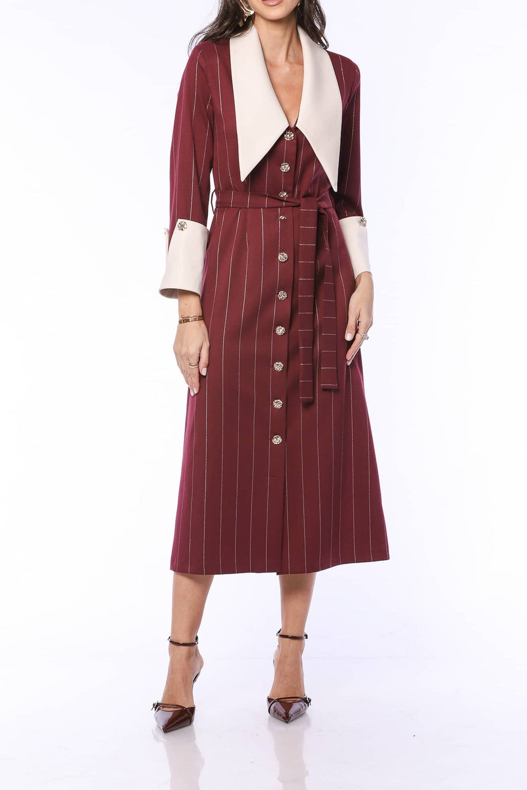 YVN Vintage Charm Pointed Collar Midi Dress - Fashion Roots