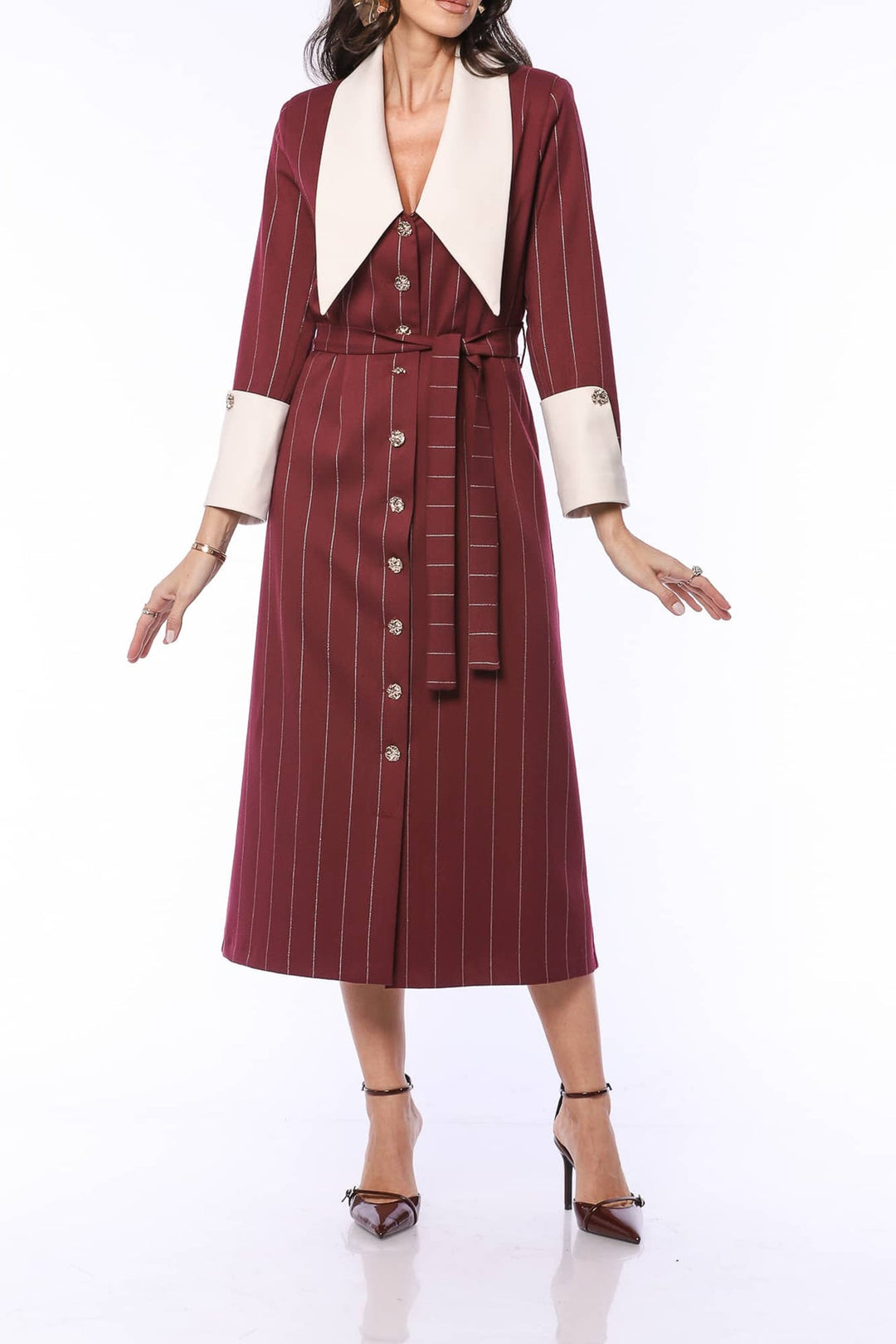 YVN Vintage Charm Pointed Collar Midi Dress - Fashion Roots