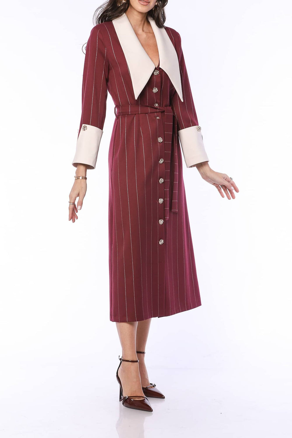 YVN Vintage Charm Pointed Collar Midi Dress - Fashion Roots