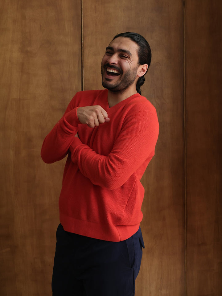 GENE - Burnt Orange Frame V-Neck Sweater - Fashion Roots